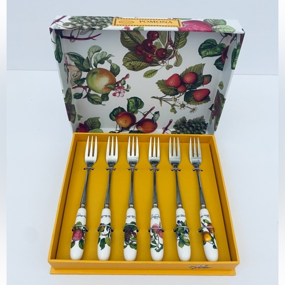 Portmeirion Pomona Set of 6 Pastry Dessert Forks Porcelain Stainless NIB Fruits - Picture 1 of 6